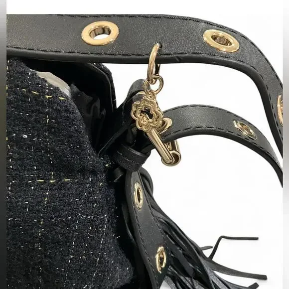 NWT MAJE Black Gold Metallic Tweed Crossbody Shoulder Bag Purse Leather Tassel - Picture 5 of 10